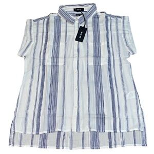 Miss Me Blue and White Striped button down short sleeve Shirt
